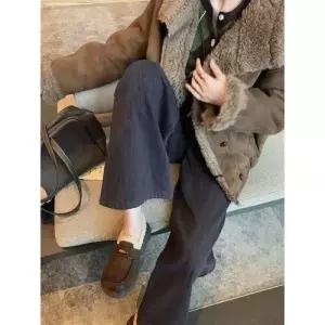 팽블몰 여사친 퍼 원포인트 소가죽 플랫 키높이 단화 기모 로 HO5