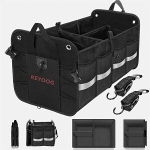 KEYOOG 자동차 트렁크 정리 및 보관, 견고한 방수 내구성 접이식 멀티 헤비 듀티, 미끄럼 방지 바닥 조절 가능한 고정 스트랩, 자동차, SUV, 트럭 또는 밴용(3칸, 엑스트라 라지)