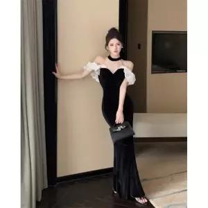EAMT 치마 원피스 망사 오프숄더 드레스 홀터넥 벨벳 슬림 프릴 여자원피스 YJ1