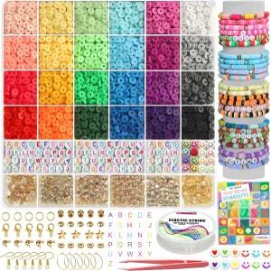 YMSDZHL 6000+PCS 클레이 비즈 팔찌 제작 키트 우정 주얼리 제작을 위한 24색 DIY 플랫 프레피 4~12세