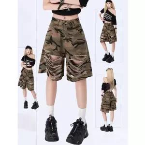 청 대미지 슬림핏 카무플라주 반바지 여자청반바지 와이드 하이웨스트 통바지 5부 원템1