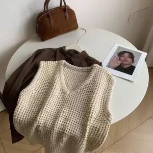 EAMT 여성 가을 캐주얼 민소매 블라우스 레이어드 풀오버 브이넥 조끼 펀칭 코트 EUNG3