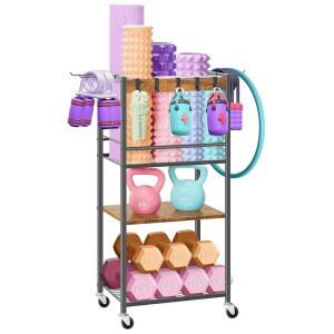 홈 짐 보관 랙 헤비 듀티 요가 매트 홀더 운동 기구 보관용 웨이트 덤벨 케틀벨용 후크 휠 블록 폼 롤러 스트랩 저항 밴드 피트니스 장비