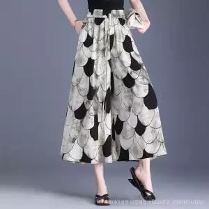 포뇨 여자 팬츠 여름 캐주얼 쉬폰 치마바지 와이드 하이웨스트 프린트 A라인 얇은 슬림핏 9부 OPH1