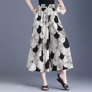 EAMT 팬츠 여친 캐주얼 여름 와이드 프린트 슬림핏 치마바지 하이웨스트 얇은 쉬폰 A라인 9부 YJ1