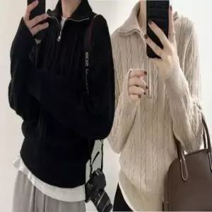 [옷은날개] 여자 꽈배기 하이넥 목폴라 니트 하프 카라 집업 상의