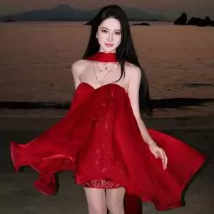 EAMT 여자 치마 원피스 빨강 쉬폰 바캉스 톱 섬 EUNG1