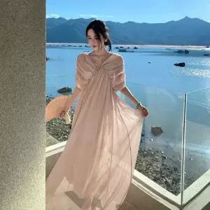 EAMT 여성 원피스 가을 쉬폰 프렌치 비치 바캉스 브이넥 슬림 롱스커트 EUNG3