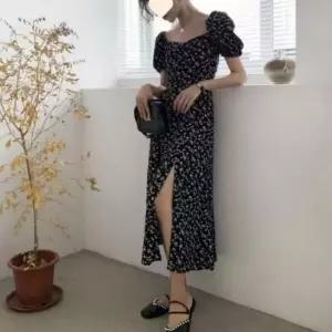 [의류] 귀여운 스타일 여자 셔링 트임 플라워 롱 원피스