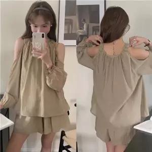 [하프클럽/]어깨트임 블라우스 밴딩 치마반바지 투피스 세트 LL S114