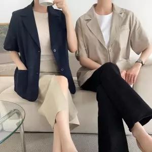 [신상오픈런]여성 사무실 스타일 버튼 카라 반팔 오버사이즈 린넨 재킷 (39101932)