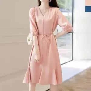 [옷은날개] S 9722 여자하늘하늘브이넥반팔원피스 니트 프릴 프릴