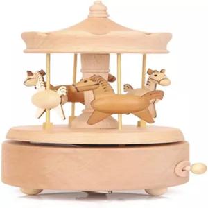 Nbcymg 캐러셀 뮤직 박스 여성용 나무 말 크리스마스 생일 선물 배터리 홈 우드 장식 없음