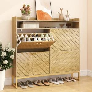 4개의 플립 서랍이 있는 하둘셋 숨겨진 신발장 입구 옷장용 긴 나무 신발 보관 캐비닛 조절 가능한 선반이
