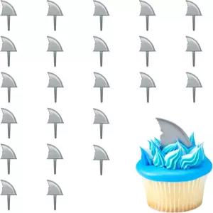 데코팩 상어 지느러미 케이크 추천 24팩 컵케이크 토퍼 및 기타 케이크를 위한 재사용 가능한 장식 비치
