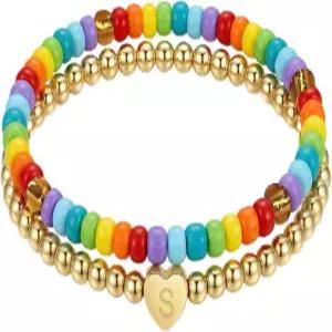 ifrofro 십대 소녀들을 위한 부활절 바구니 스터퍼 - 이니셜 구슬 팔찌 소녀 골드 레터 귀여운 컬러풀