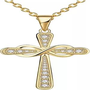 BBXBD 14k 금도금 스테인리스 스틸 큐빅 지르코니아 실버 크로스 목걸이 체인 16인치/18인치+2인치 노 변색