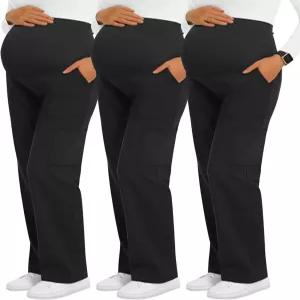 스위티위 3팩 여성용 임산부 스크럽 팬츠 6포켓 카고 신축성 있는 편안한 작업복 일자 다리 임신 바지