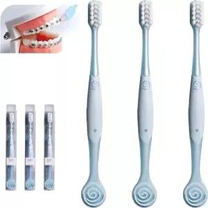 교정용 V자형 교정 칫솔 치아용 /청소년/ 민감한 섬세한 잇몸용 부드러운 칫솔모용 혀 클리너 파란색 3개