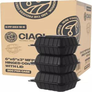 CIAO! 뚜껑이 있는 6 x6 x3 MFPP 블랙 힌지 컨테이너 300개 케이스