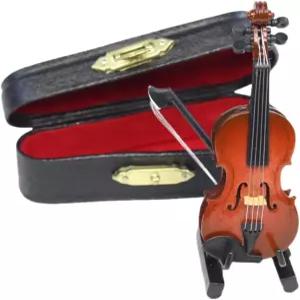 스탠드 활 케이스가 있는 나무 미니어처 바이올린 미니 악기 인형의 집 모형 장식 3.15인치