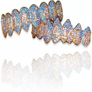 14000 샤크 리드 티스 트리피 골드와 블루 조커 골드 그릴즈 입 위 아래 힙합 8 세트