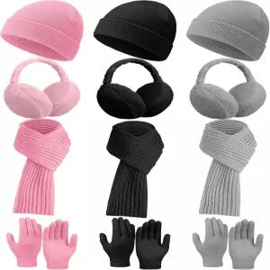 수하인 12개 겨울용 소프트 키드 모자 스카프 장갑 이어머프 세트 니트 모자와 넥 워머 플러시 이어 머프