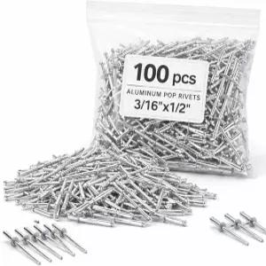 100PCS 대형 플랜지 알루미늄 팝 리벳 3/16 x 1/2 돔 본체 블라인드 세트 헤드 스틸 맨드릴 보트 포함 해양