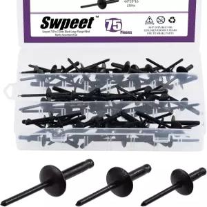 Swpeet 75Pcs 3/16인치 x 3/8인치 / 4/5인치 1인치 올 블랙 라지 플랜지 알루미늄 블라인드 리벳 키트 팝