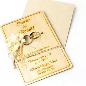 양시온 맞춤 각인 나무 소박한 청첩장 세트 황동 반지 꽃 봉투 및 스티커 결혼식 선물