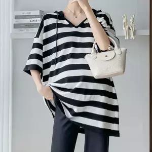 호이안 스트라이프 후드 반팔 롱니트티_S4619