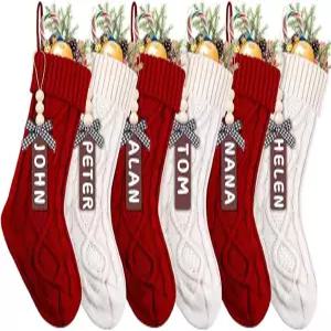 HDKJRN 나무 이름표가 달린 맞춤형 크리스마스 스타킹 6종 세트 18인치 케이블 니트 가족 파티를 위한 연말