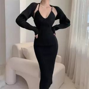 팔콘 여성용 원피스 니트 치마 롱 빈티지 투피스 긴팔 봄가을 숄 슬림 홀터넥 가디건 나시 KKE3