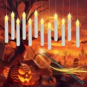 롱수오창 12개 떠다니는 양초와 지팡이 따뜻한 노란색 불꽃 없는 LED 테이퍼 양초 리모컨 배터리로