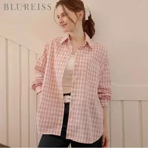 [블루레이스] 펜던트 셔츠 카라 체크 롱 블라우스_B6S1BL5441