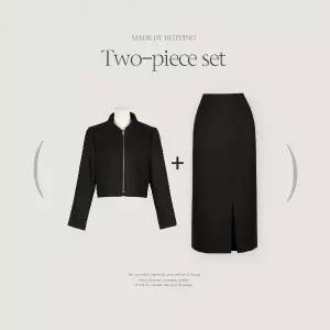 핫핑 [스테디셀러] 페빗 트위드 카라넥 투포켓 집업 자켓+트임 롱 스커트 투피스set