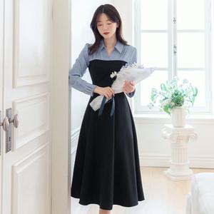 [시크라인] (~XXL까지) 디에이 배색 셔링 오픈카라 벨트 플레어 원피스 봄,가을 하객룩 오피스룩 격식룩 데이트룩