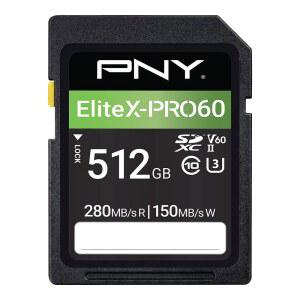 PNY 512GB EliteX-PRO60 UHS-II SDXC 메모리 카드 - R280MB /s W150MB /s, U3, V60, 4K UHD, 전문 사진작가 및 콘텐츠 제작자를 위한 풀 HD, UHS-II, DSLR 미러리스 카메라, 고급 비디오 카메라