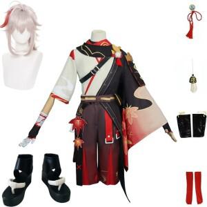 원신 임팩트 카에데하라 카즈하 코스프레 코스튬, 할로윈 카니발 사무라이 가발, 빨간 안경