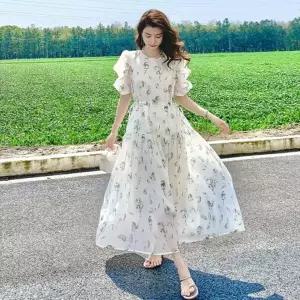 [하프클럽/옷자락]여성 꽃패턴 퍼프 소매 셔링 쉬폰 플레어 롱 원피스