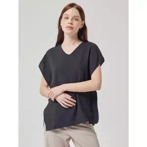 [하프클럽/샤트렌]블랙 샤트렌 소매 셔링 브이넥 쉬폰 티 블라우스 HCBMTS102