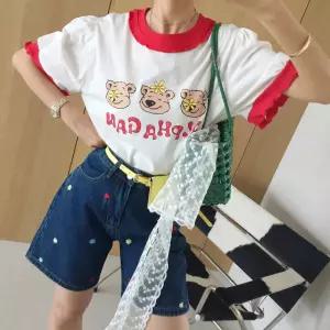 곰세마리 레터링 프린팅 프릴 배색 밴딩 라운드 소매 벌룬 퍼프 여름 반팔티셔츠 (3color)