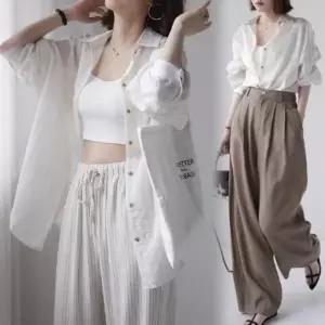 [하프클럽/]여자 클래식 세로줄지 루즈핏 카라넥 셔츠 남방