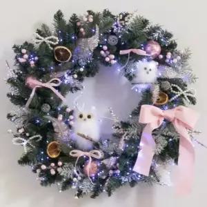 플라워트리 크리스마스 리스 벽장식 핑크 리본 60cm 소품 데코 문