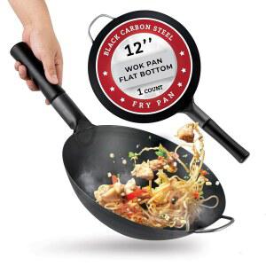 Restaurantware -Motomori 30.5cm(12인치) 미리 시즈닝된 탄소강 웍, 전통 일본 웍 1개 - 평평한 바닥, 나무 손잡이, 블랙 볶음 프라이팬, 도우미 손잡이 포함