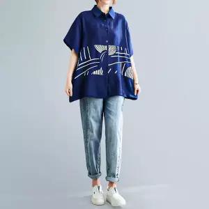 [하프클럽/]반팔셔츠 여성 남방 그래픽 반팔 카라 프린트 루즈핏 셔츠 여름