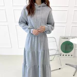 [샵앤] 여성 방한 기모 트레이닝 후드티 캉캉 롱치마 셋업 SS-WSET-5033