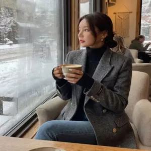 여성 가을 겨울 고급 헤링본 A라인 모직 자켓 캐주얼 정장 출근룩 졸업식 슬림핏 베이식 재킷