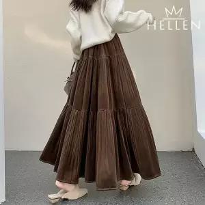 [헬렌] 벨벳 플레어 롱 스커트 치마 플리츠 가을 겨울 밴딩 캉캉 제인셔링롱스커트 B-816