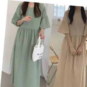 린넨 원피스 라운드넥 프릴 와이드소매 플레어 스커트